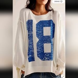 Free People Graphic Camden #18 Pullover Ivory Blue Large Retired NWT$98